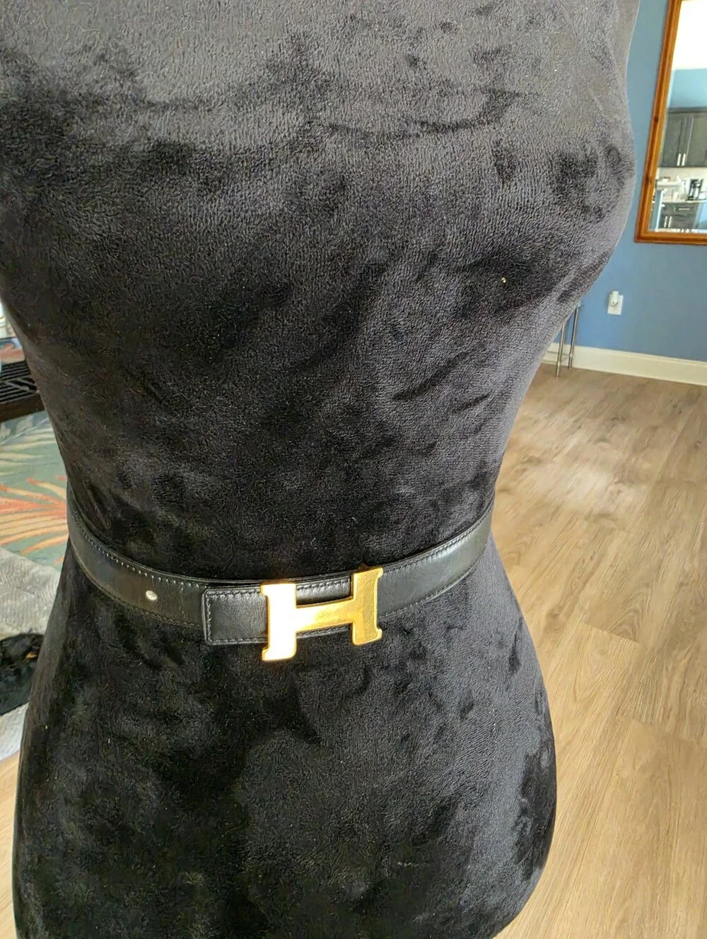 Authentic Hermes Black Leather Belt with Gold H Buckleic